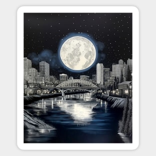 Full Sturgeon Moon Over the City of Roses (Portland Oregon) on a Dark Background Sticker